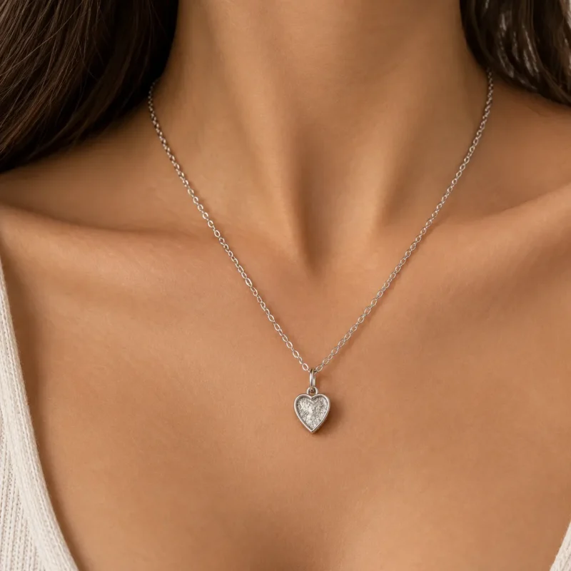 Bijoux de Crémation | EverHōld Collier de crémation cœur en argent massif 925 sterling pour cendres porté sur une femme - EverHōld